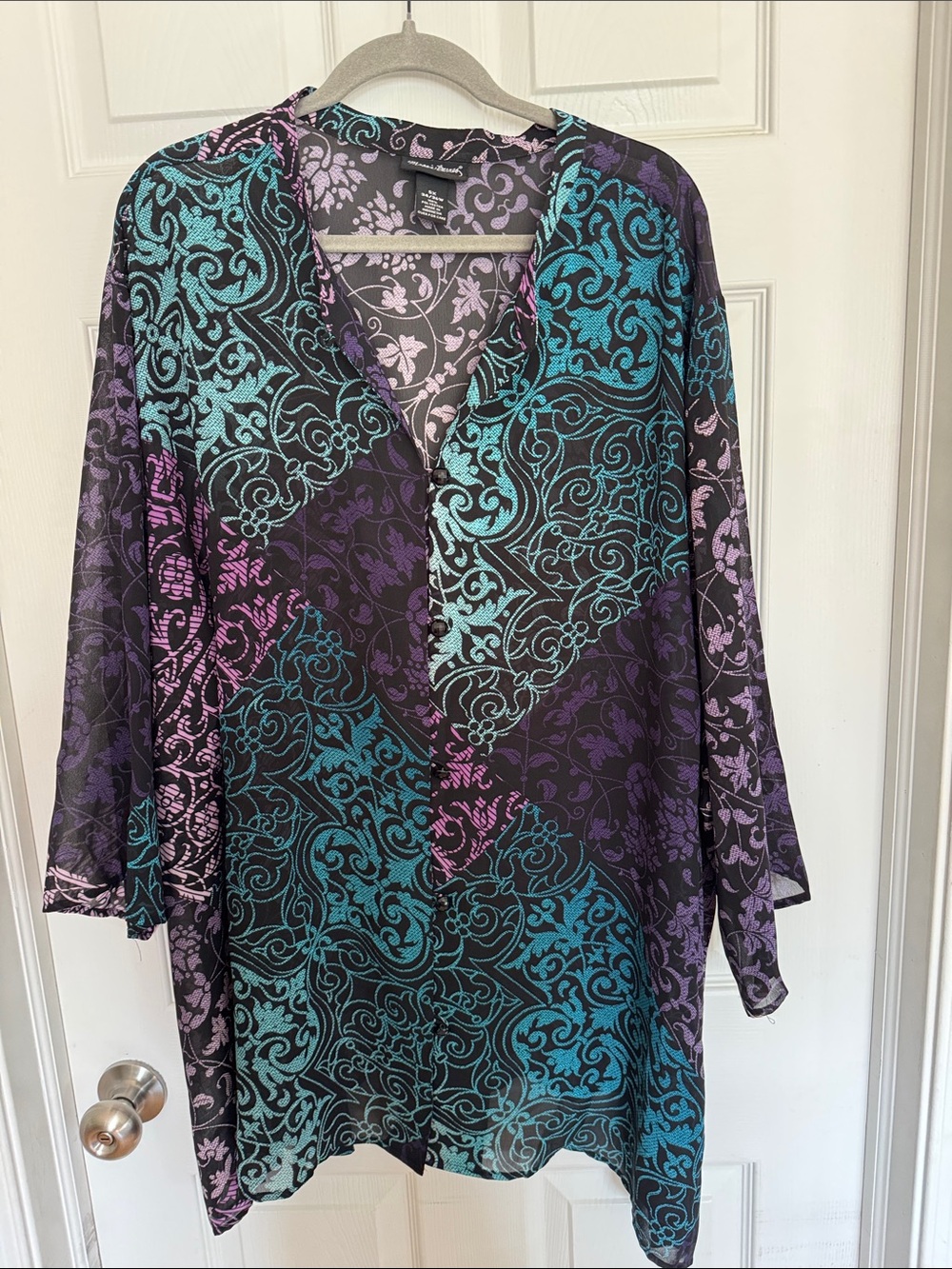 Maggie Barnes Black Tunic with Teal and Purple Scroll Pattern